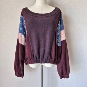 Free People Movement Patchwork Oversize Sweatshirt Long Sleeve Red Brown